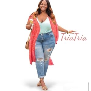 Open Front Hot Pink Lace Fringe Kimono Duster